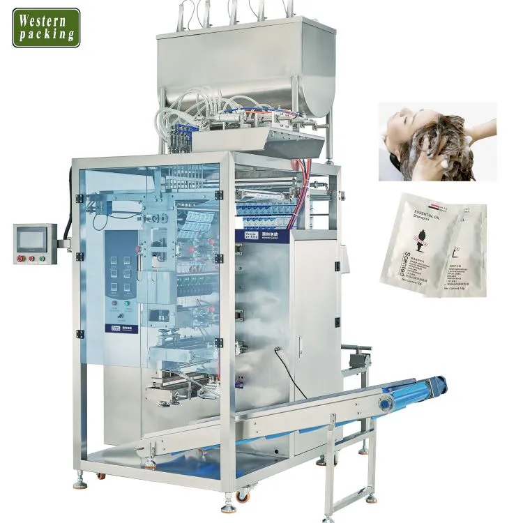 Máquina empacadora de bolsitas de champú de carriles múltiples